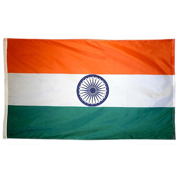 Nylon flag of India, with three horizontal stripes. The top third is orange, the middle white, and the bottom green. In the middle, in the white stripe, there is a 24 spoke wheel in navy blue. Along one end of the flag is a canvas header with brass grommets for attaching the flag to a flagpole with snaps or hooks.