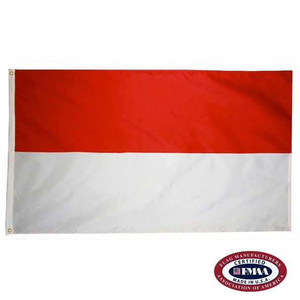The Indonesia flag has 2 horizontal stripes of red and white. FMAA Certified Made in America seal.