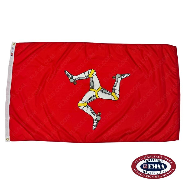 The Isle of Man flag is red with a triskelion in the center composed of 3 armored legs with gold spurs. FMAA Certified Made in America seal.