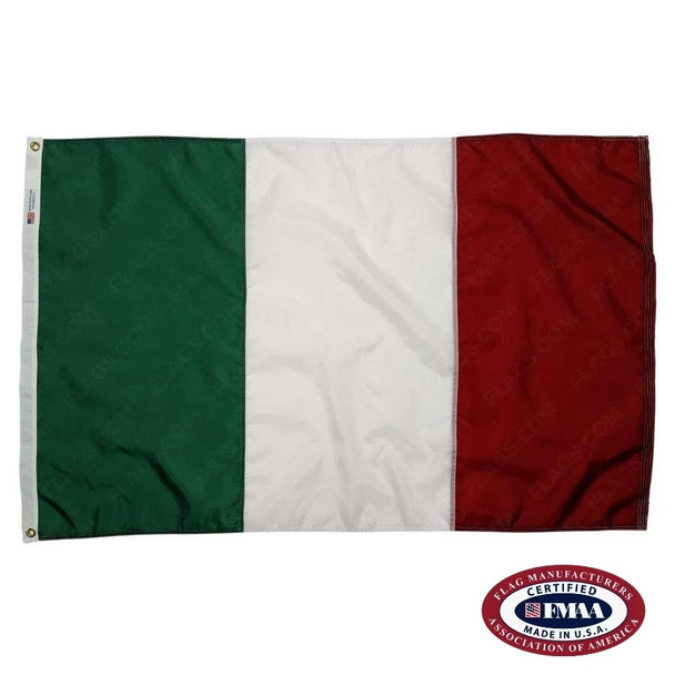 The Italian flag has three vertical stripes of green, white, and red. FMAA Certified Made in America seal.