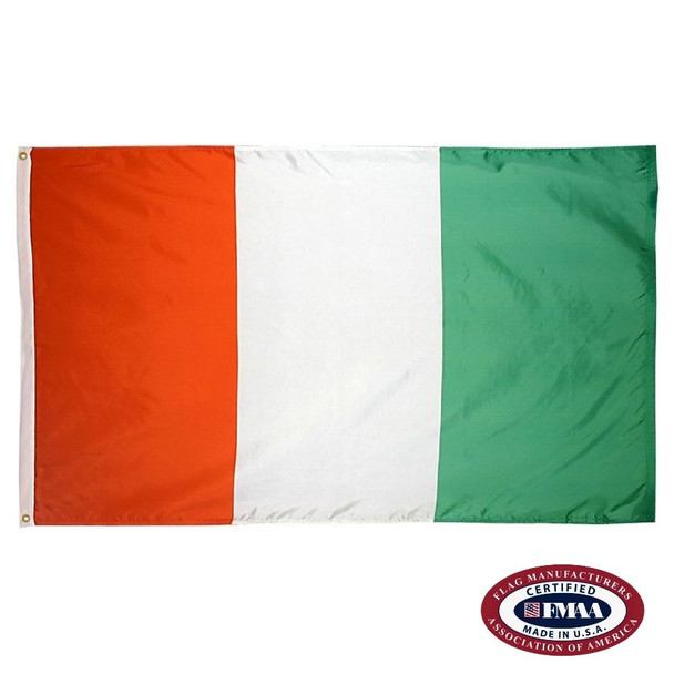 The flag of Ivory Coast is a tricolor design with three vertical stripes of orange, white, and green. FMAA Certified Made in America seal.