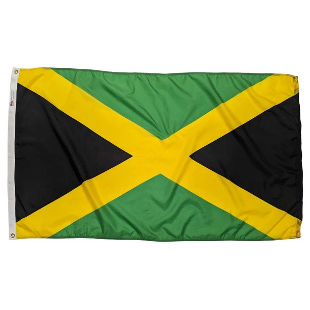 A Jamaican flag bisected diagonally from each corner with yellow lines. Above and below the lines, the background is colored green, and to the left and right is black.
