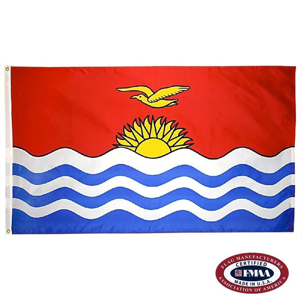 The Kiribati flag is red and depicts a yellow frigatebird flying over a sun rising from the ocean. FMAA Certified Made in America seal.