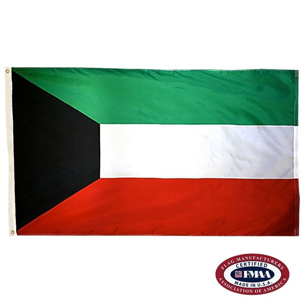 The Kuwait flag is a horizontal green, white, and red tricolor with a black trapezium on the left pointing towards the right. FMAA Certified Made in America seal.