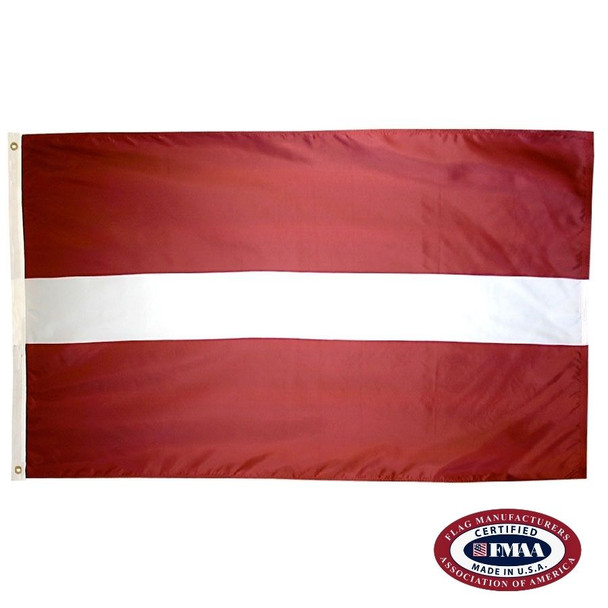 The Latvia flag is dark red with a horizontal white stripe across the center. FMAA Certified Made in America seal.