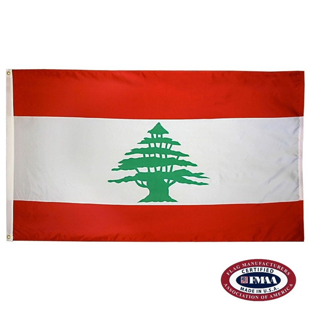 The Lebanon flag is white with thick horizontal red bands at the top and bottom. In the center is a large green cedar tree. FMAA Certified Made in America seal.