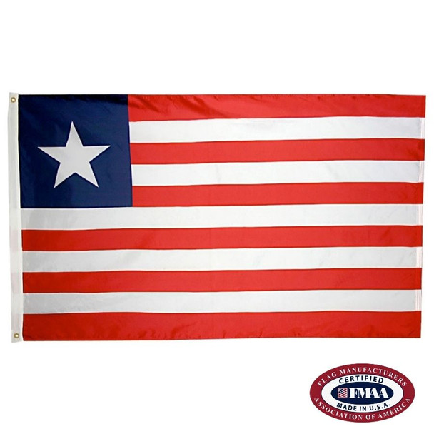The Liberia flag has 11 horizontal red and white stripes and a dark blue square in the canton with a large white star. FMAA Certified Made in America seal.