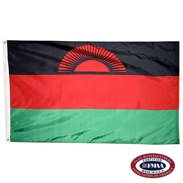 The Malawi flag is a horizontal black, red, and green tricolor. In the center of the black stripe is half of a red sun. FMAA Certified Made in America seal.