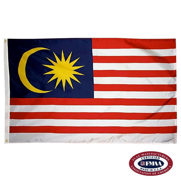 The Malaysia flag has 14 horizontal red and white stripes. The canton is dark blue with a large yellow crescent and a 14-point star. FMAA Certified Made in America seal.