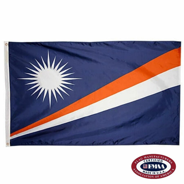 The Marshall Islands flag is dark blue with a white 24-pointed star in the upper left. Across the flag are 2 red and white rays. FMAA Certified Made in America seal.