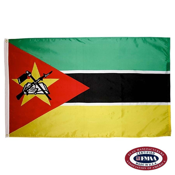 The Mozambique flag is a horizontal teal, black, and yellow tricolor. On the left is a red triangle with a book, hoe, and AK-47 on a star. FMAA Certified Made in America seal.