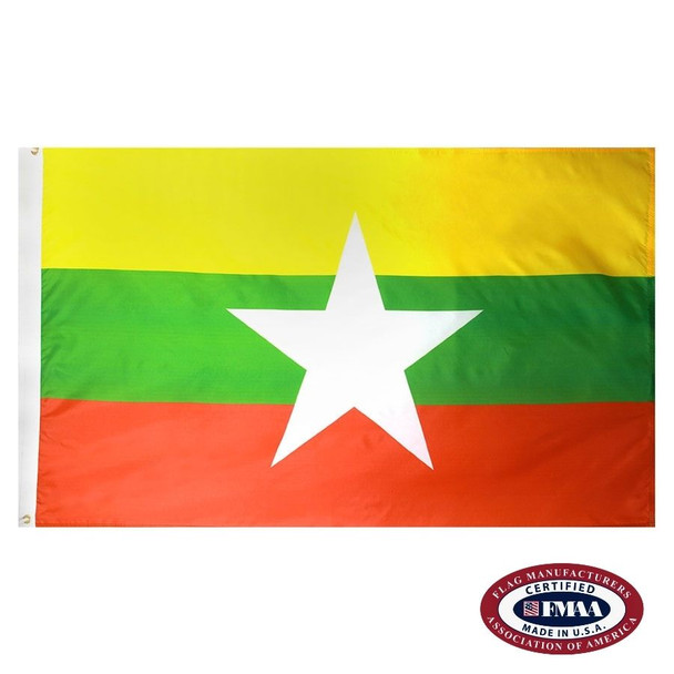 The Myanmar flag has a horizontal yellow, green, and red tricolor. In the center is a large, five-pointed star. FMAA Certified Made in America seal.