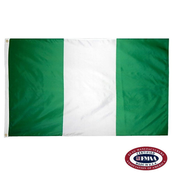 The Nigeria flag is a vertical green and white triband. FMAA Certified Made in America seal.