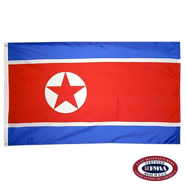 The North Korean flag is red with blue stripes at the top and bottom with thin white lines. On the left is a red star in a white circle. FMAA Certified Made in America seal.