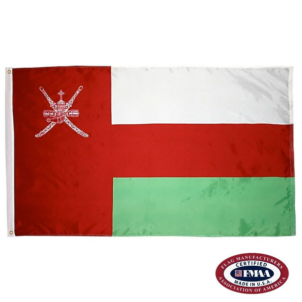 The Oman flag is a horizontal white, red, and green tricolor with a red field on the left with the national emblem in white. FMAA Certified Made in America seal.