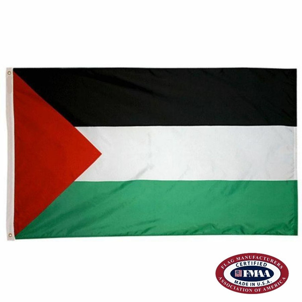The Palestine flag is a horizontal black, white, and green tricolor with a red triangle on the left side pointing to the right. FMAA Certified Made in America seal.
