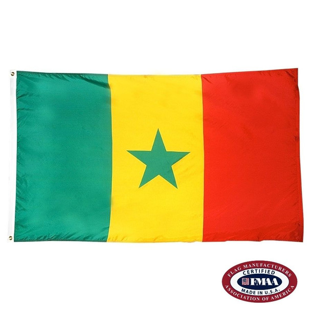 The Senegal country flag is a horizontal green, yellow, and red tricolor with a large green star in the center. FMAA Certified Made in America seal.