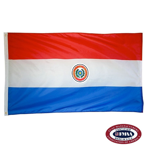 A Paraguay Flag made of nylon with lock stitching, polyester canvas heading, and brass grommets. Design is three horizontal stripes red, white, and blue and a national coat of arms emblem in the center. FMAA Certified Made in America seal.