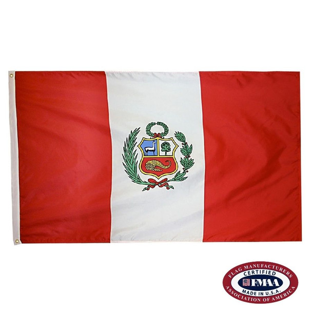 Peru Flag with 2 vertical red stripes at each end and a center white stripe. Center stripe bears Coat of Arms in the center. FMAA Certified Made in America seal.