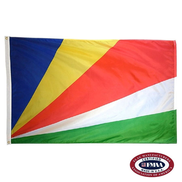 The Seychelles flag has 5 blue, yellow, red, white, and green rays radiating from the bottom left corner. FMAA Certified Made in America seal.