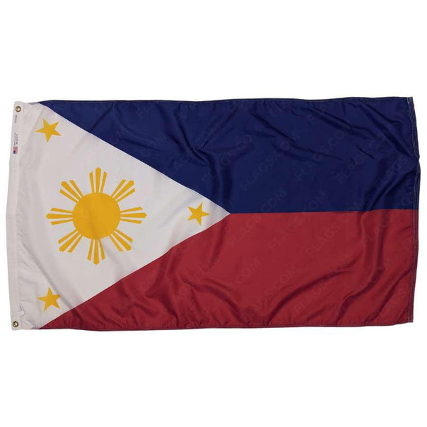 The Philippines flag featuring 2 equal horizontal bands of blue (at the top) and red (at the bottom), separated by a white triangle with a yellow sun with rays at the center.