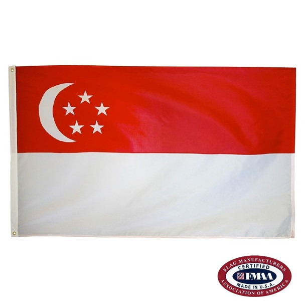 The Singapore flag has 2 horizontal red and white stripes with a white crescent and five stars in a circle in the upper left corner. FMAA Certified Made in America seal.