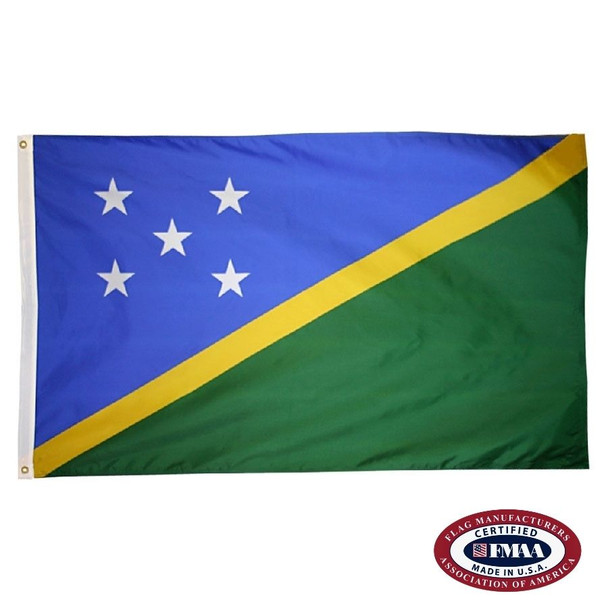 The Solomon Islands flag has 2 blue and green triangles separated by a diagonal yellow line and has 5 white stars in the upper left corner.FMAA Certified Made in America seal.