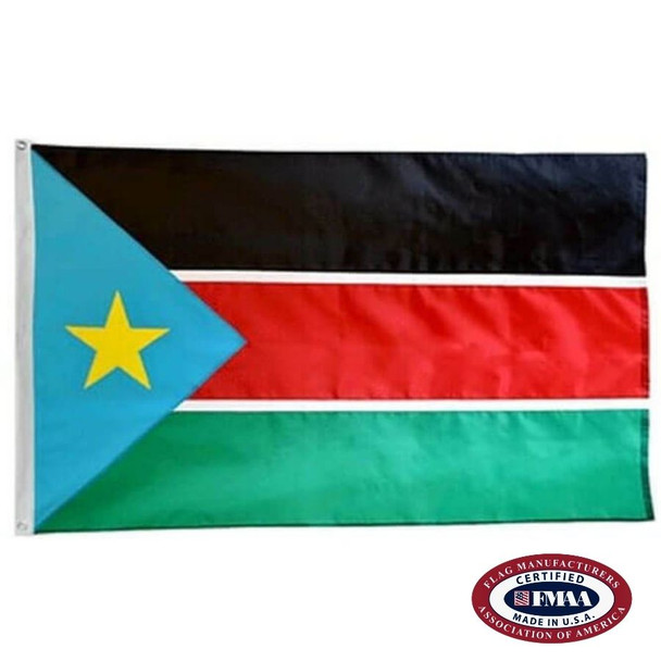 The South Sudan flag is a horizontal black, red, and green tricolor with white lines. On the left is a blue triangle with a yellow star. FMAA Certified Made in America seal.