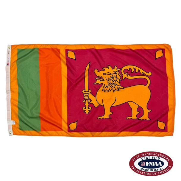 The Sri Lanka flag is yellow with 2 vertical green and orange stripes on the left and a gold lion on a red field on the right. FMAA Certified Made in America seal.