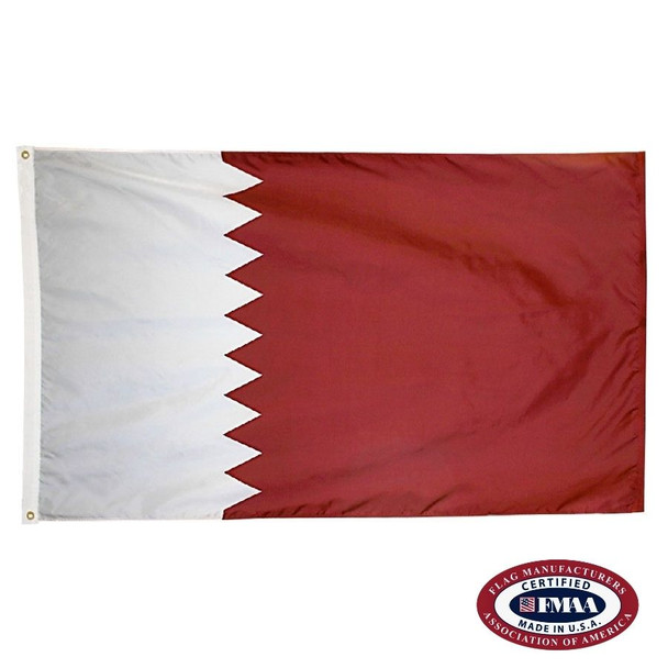 The Qatar flag has two small white and larger red fields separated by a serrated line. FMAA Certified Made in America seal.