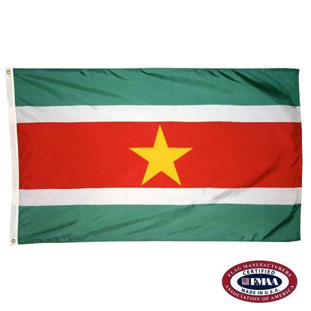 The Suriname flag has 5 horizontal green, white, and red stripes. In the center of the wider red stripe is a large yellow star. FMAA Certified Made in America seal.
