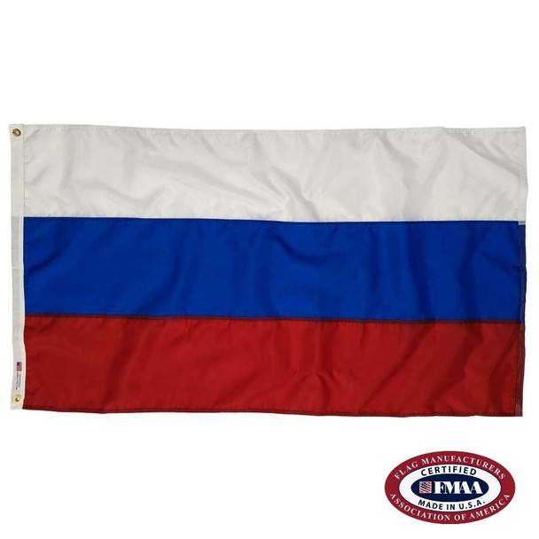 The Russian flag features three horizontal stripes of white, blue, and red, from top to bottom. FMAA Certified Made in America seal.
