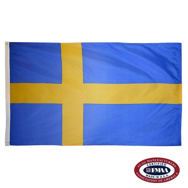 The Swedish flag is blue with a yellow Nordic cross spanning the flag’s width and height, pointing to the left. FMAA Certified Made in America seal.