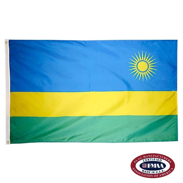 The Rwanda flag has a wide horizontal blue stripe above 2 yellow and green stripes. In the upper right is a yellow sun. FMAA Certified Made in America seal.