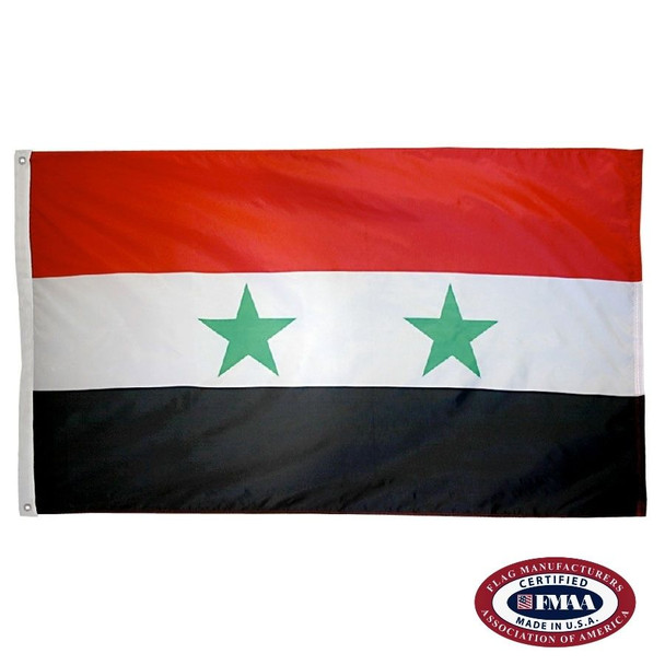 The Syrian flag is a horizontal red, white, and black tricolor with two green 5-pointed stars in the center. FMAA Certified Made in America seal.