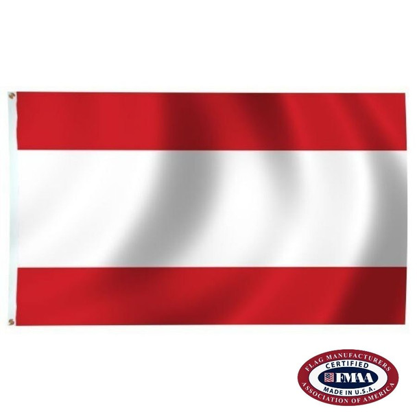 The Tahiti flag is a horizontal red and white triband. The center white stripe is half the height of the flag. FMAA Certified Made in America seal.
