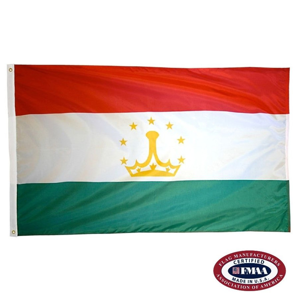 The Tajikistan flag is a horizontal red, white, and green tricolor with a yellow crown and seven stars in the center. FMAA Certified Made in America seal.