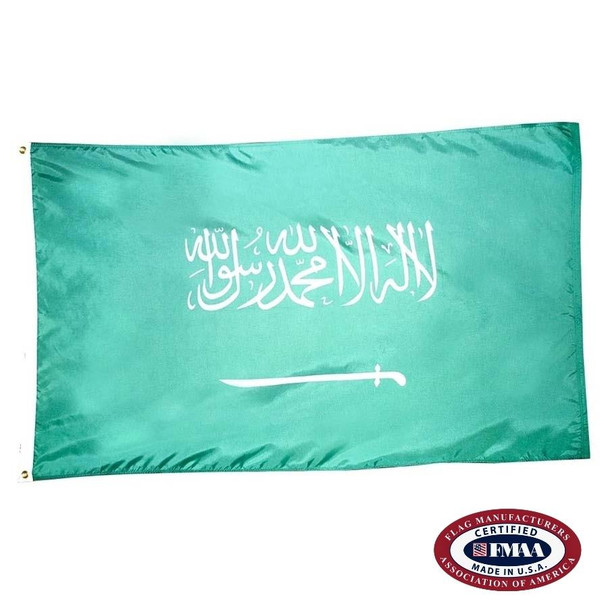 The Saudi Arabian flag is green, with the Shahada written in white in the center and a white sword underneath pointing left. FMAA Certified Made in America seal.