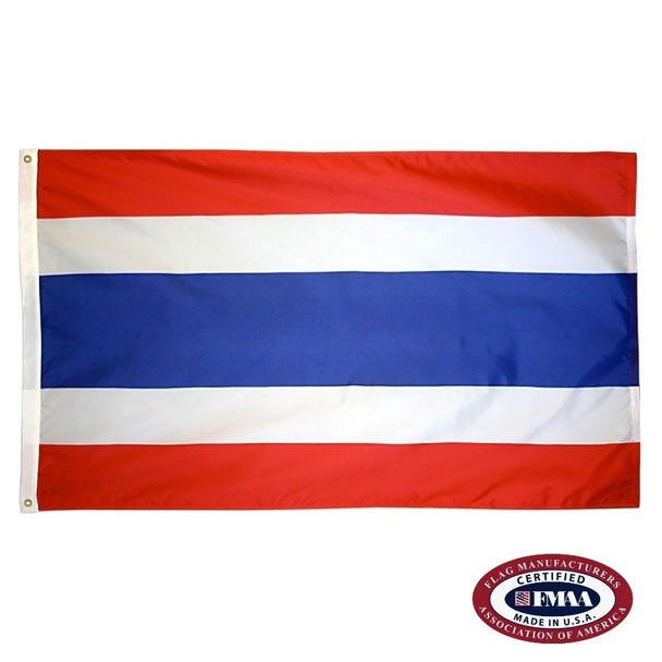 The Thailand flag has 5 horizontal red, white, and blue stripes. The center blue stripe is one-third the height of the flag. FMAA Certified Made in America seal.