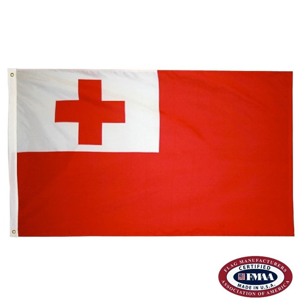 The Tonga flag is red with a white canton with a thick red cross inside. FMAA Certified Made in America seal.