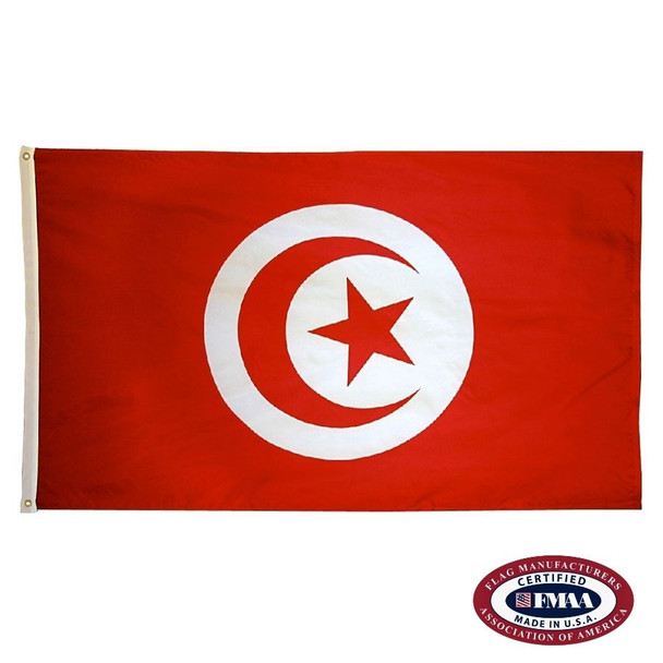 The Tunisia flag is red with a large white circle in the center that contains a red crescent and star. FMAA Certified Made in America seal.