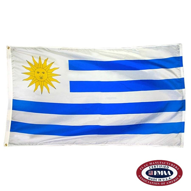 The Uruguay flag has 9 horizontal white and blue stripes. The white canton depicts a yellow Sun of May. FMAA Certified Made in America seal.