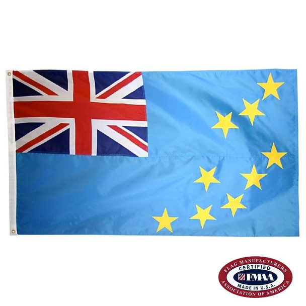 The Tuvalu flag is light blue, with the Union Jack in the canton and nine yellow stars on the right. FMAA Certified Made in America seal.