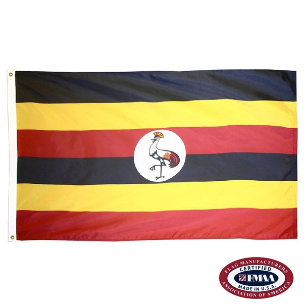 The Uganda flag has 6 horizontal black, yellow, and red stripes. In the center is a white circle with a gray, crowned crane. FMAA Certified Made in America seal.