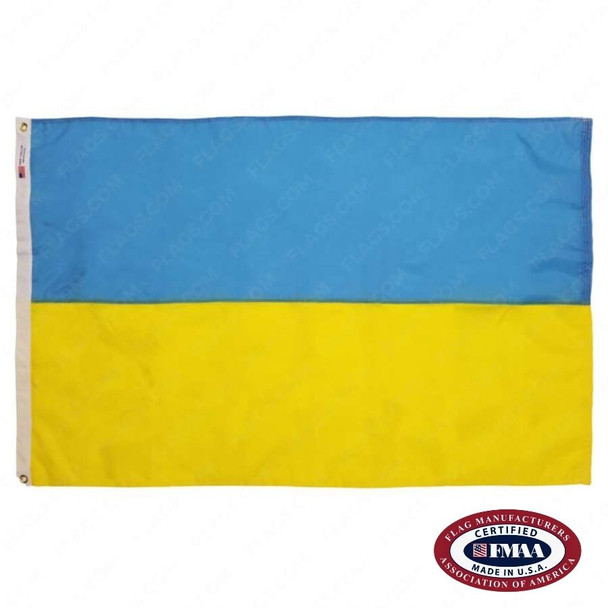 The Ukraine flag has two horizontal stripes of light blue and yellow. FMAA Certified Made in America seal.