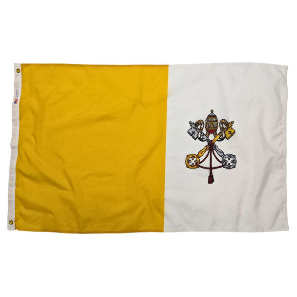 The flag of Vatican City has two vertical bands of yellow & white. On the white is the coat of arms with the keys of St. Peter & papal tiara.