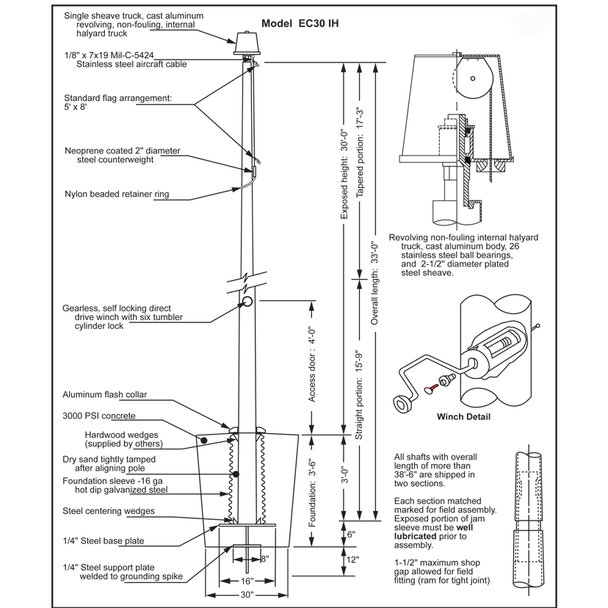 30 Internal Halyard Flagpole w/ Collar EC30IH