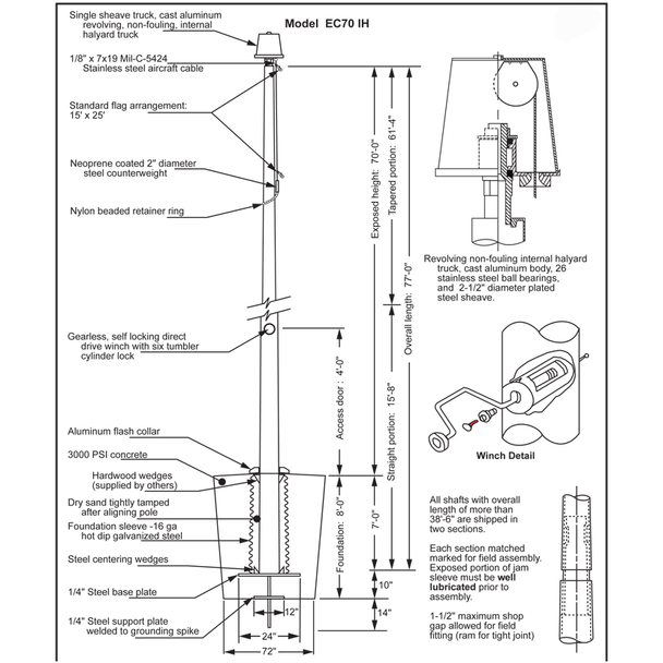 70 Internal Halyard Flagpole w/ Collar EC70IH