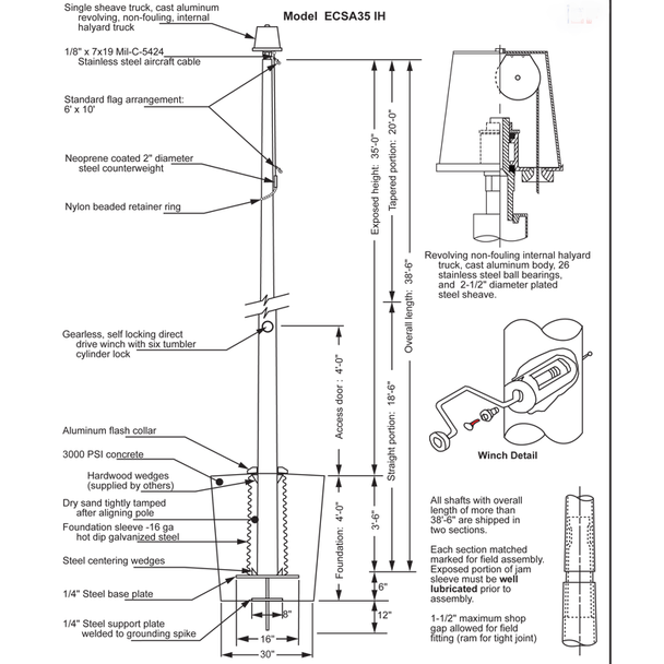 35 Internal Halyard Flagpole w/ Collar ECSA35IH