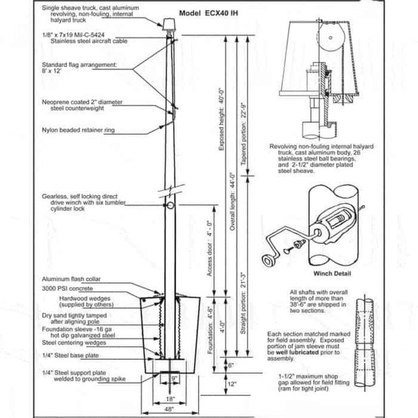 40 Internal Halyard Flagpole w/ Collar ECX40IH